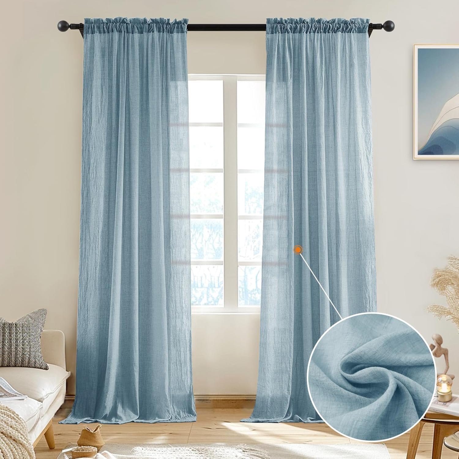 Blue Sheer Curtains 63 Inch Length for Bedroom, Elegant Light Filtering ...