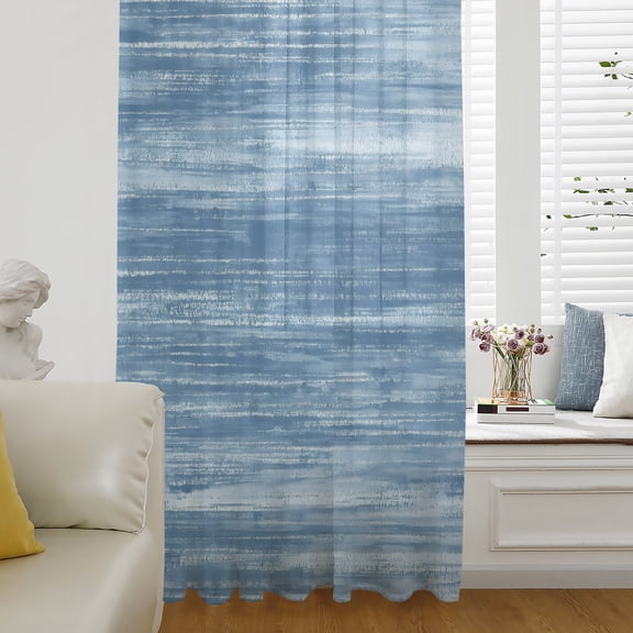 Blue Sheer Curtains 63 Inch Length, Light Filtering Voile Curtain Panel, Vintage Modern Abstract Art Ombre Rod Pocket Drapes Window Treatments for Living Room Bedroom 52"x63"