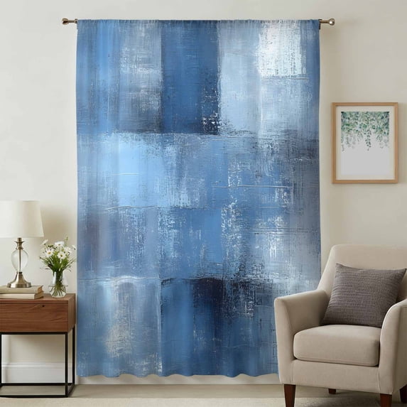 Blue Sheer Curtains 63 Inches Long, Ombre Oil Painted Retro Abstract Art Modern Light Filering Curtains, Breathable Simi Curtain Privacy Drapes for Living Room Bedroom Lightweight Window Treatment