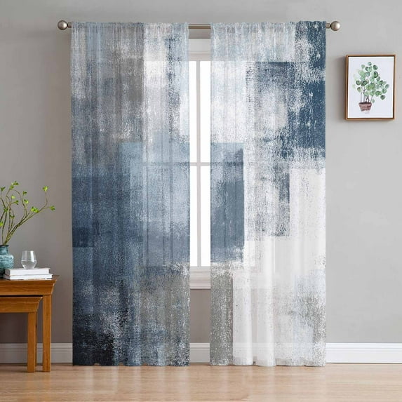 Blue Sheer Curtains 84 Inch Length 2 Panels Set for Living Room/Bedroom, Retro Oil Painted Modern Abstract Art Semi Curtain Sheers Drapes Rod Pocket Curtains Window Treatment Set 52''x84''x2