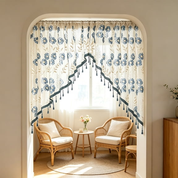 Blue Sheer Lace No‑Drill Triangular Curtain Decor – Semi-Sheer Window Drape with Border & Bead Tassels, Floral Embroidery, Vintage Window Treatments for Kitchen Cafe Wedding Backdrop