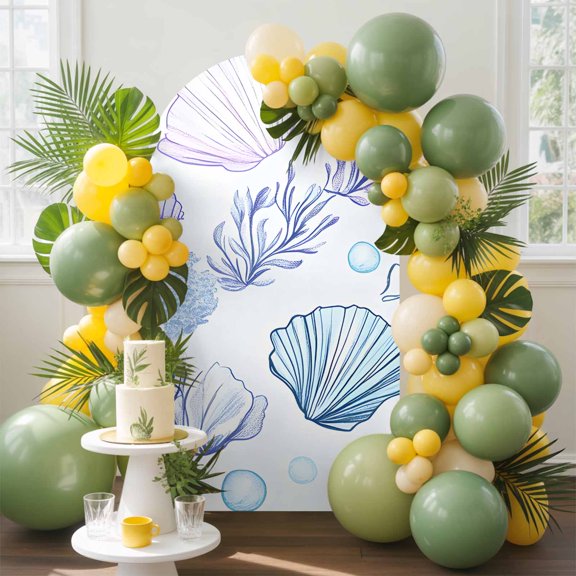 Blue Shell Arch Backdrop Cover, 7.2FT, Conch Purple Coral Bubble Ocean Creature Spandex Arch Covers Double-Sided Backdrop for Wedding Birthday Party Photo Background Decoration