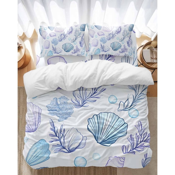 Blue Shell Bedding Duvet Cover Set Queen Size 4 Pieces Conch Purple Coral Bubble Ocean Creature Bedding Set with Zipper Closure, 1 Comforter Cover 90x92 Inches 1 Flat Sheet & 2 Pillow Cases