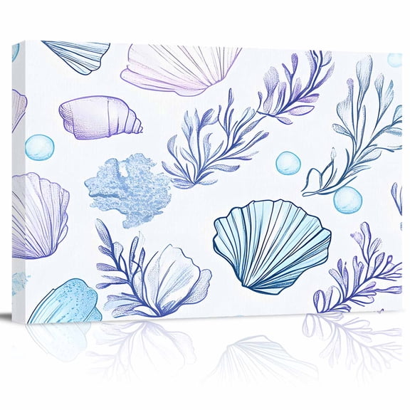 Blue Shell Canvas Print Wall Art Conch Purple Coral Bubble Ocean Creature Pictures Painting Morden Artwork for Living Room Bedroom, Ready to Hang - 12"x16"