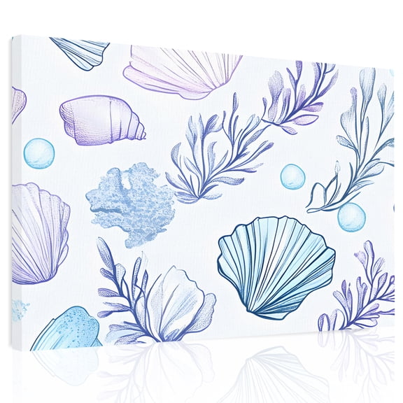 Blue Shell Canvas Print Wall Art, Conch Purple Coral Bubble Ocean Creature Wall Decor Modern Artwork Paintings Pictures for Living Room Framed and Stretched Ready to Hang, 16" x 20"