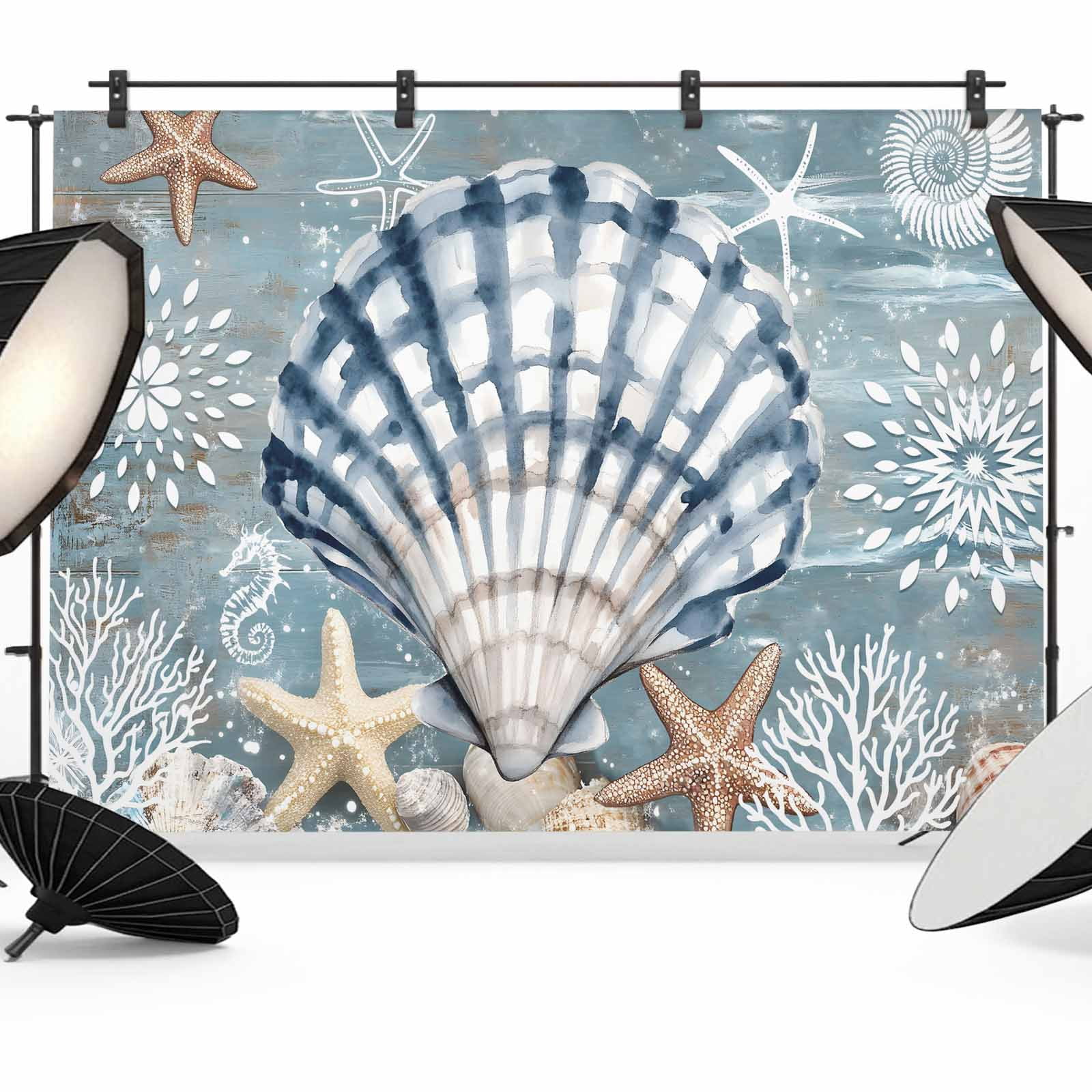 Blue Shell Coastal Backdrop for Photography,Fabric Photo Background ...