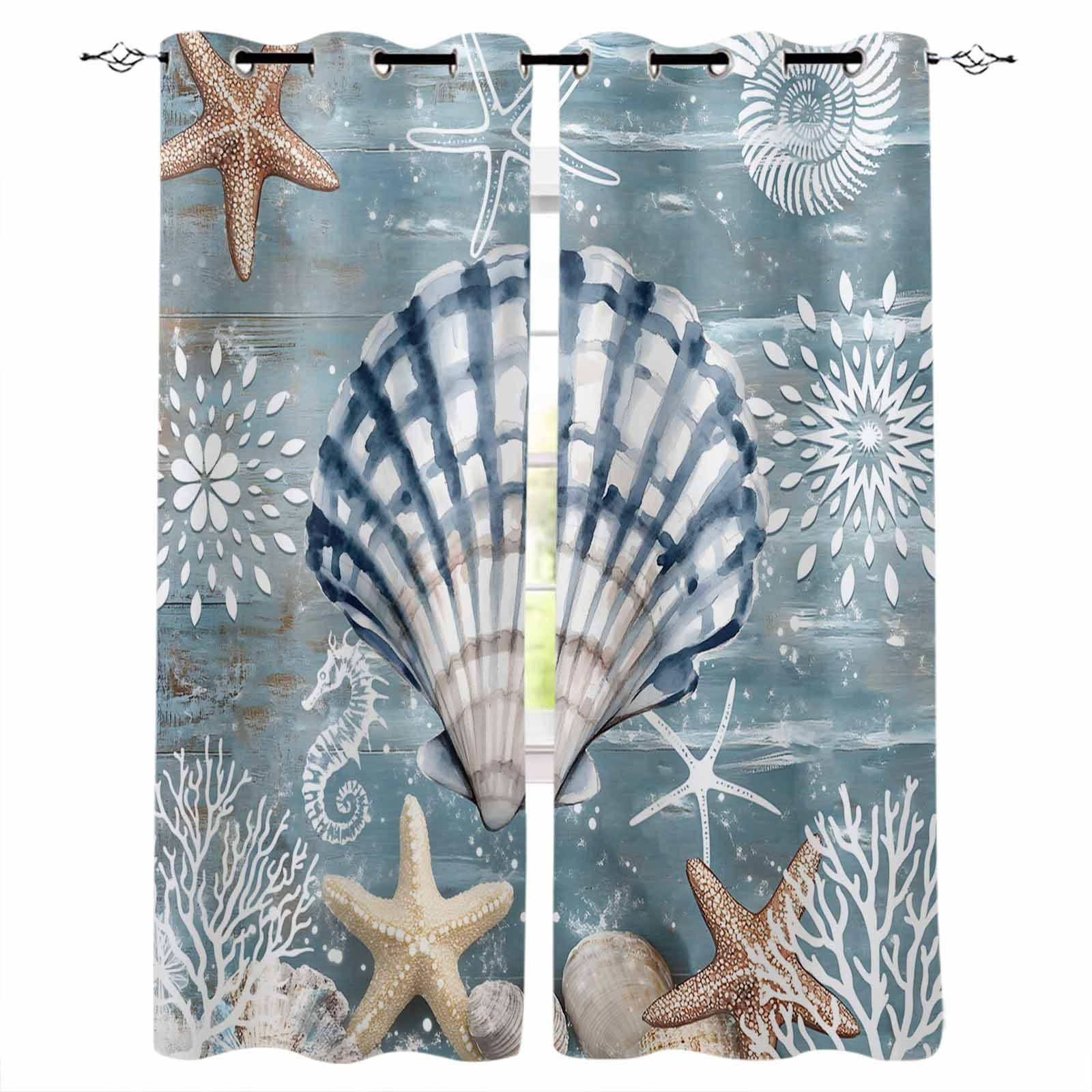 Blue Shell Coastal Blackout Curtains 63 Inches Long, Summer Beach ...