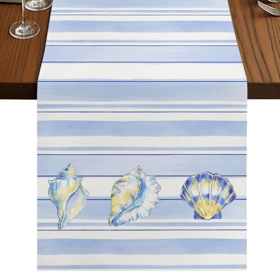 Blue Shell Coastal Burlap Cotton Table Runner 18x72 Inches Long, Summer Beach Conch Ocean Striped Farmhouse Table Runners, Outdoor Dining Table Decor for Baby Shower/Party/Wedding