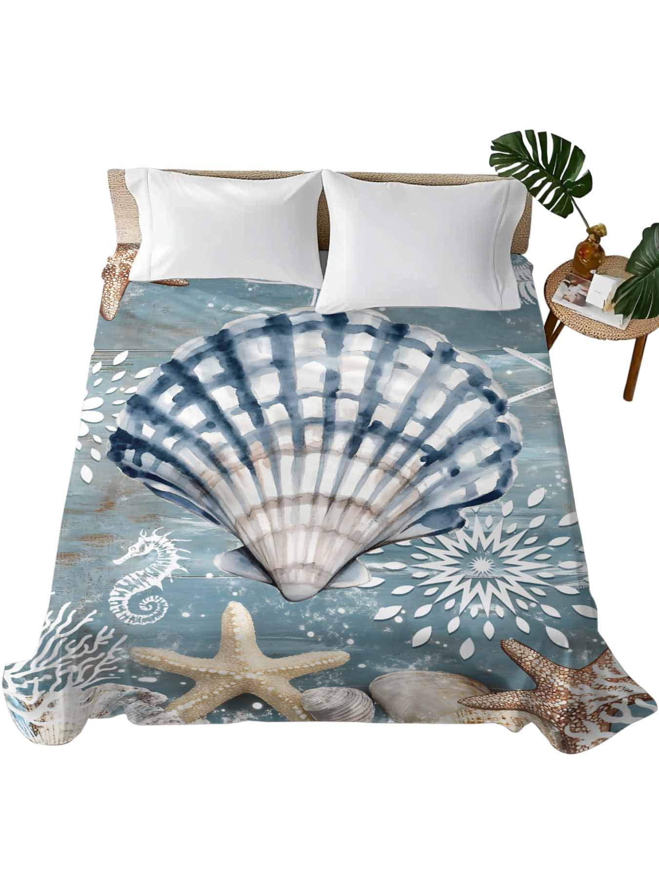 Shell Bedspread Blue Shell Coastal Flat Sheets Only Full Size, Soft Breathable Bed Top ...
