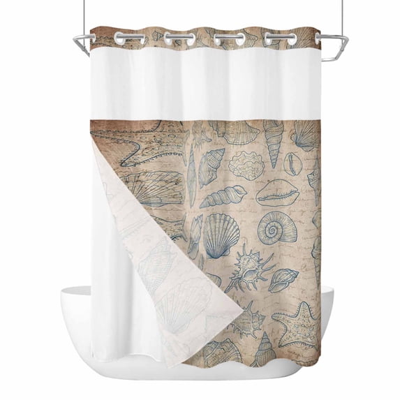 Blue Shell Coastal No Hook Shower Curtain with Snap in Liner, Waterproof Fabric Shower Curtains, Nautical Seaside Ocean Vintage Art Shower Curtain Set Top See Through for Bathroom 72"x96"