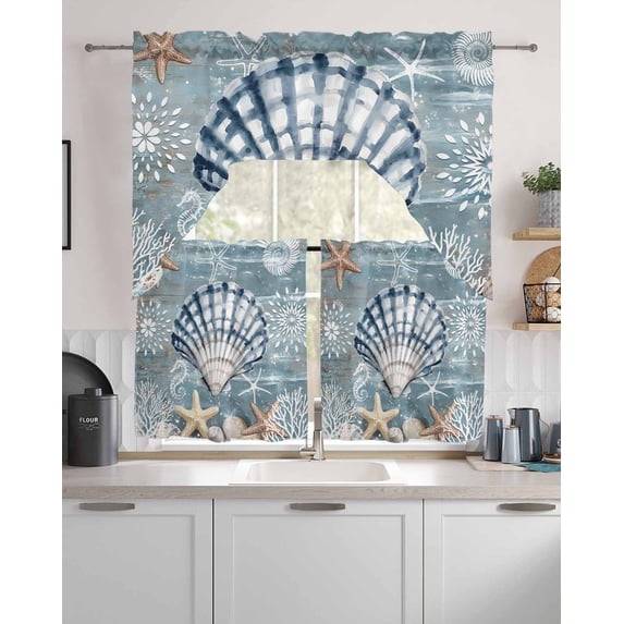 Blue Shell Coastal Kitchen Curtains and Valance Set,Summer Beach ...