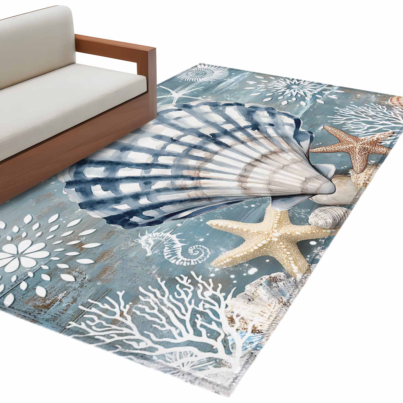 Blue Shell Coastal Large Area Rugs for Bedroom Living Room, Soft Non ...