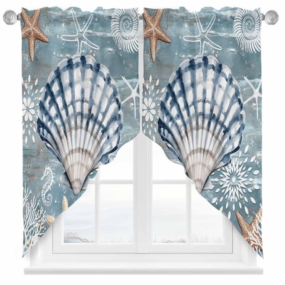 Blue Shell Coastal Swag Curtains Valance For Kitchen Windows, Summer Beach Nautical Starfish Coral Wide Rod Pocket Curtain Drapes, Bathroom Living Room Light Filtering Drapery Panels, 56"W x 36"H