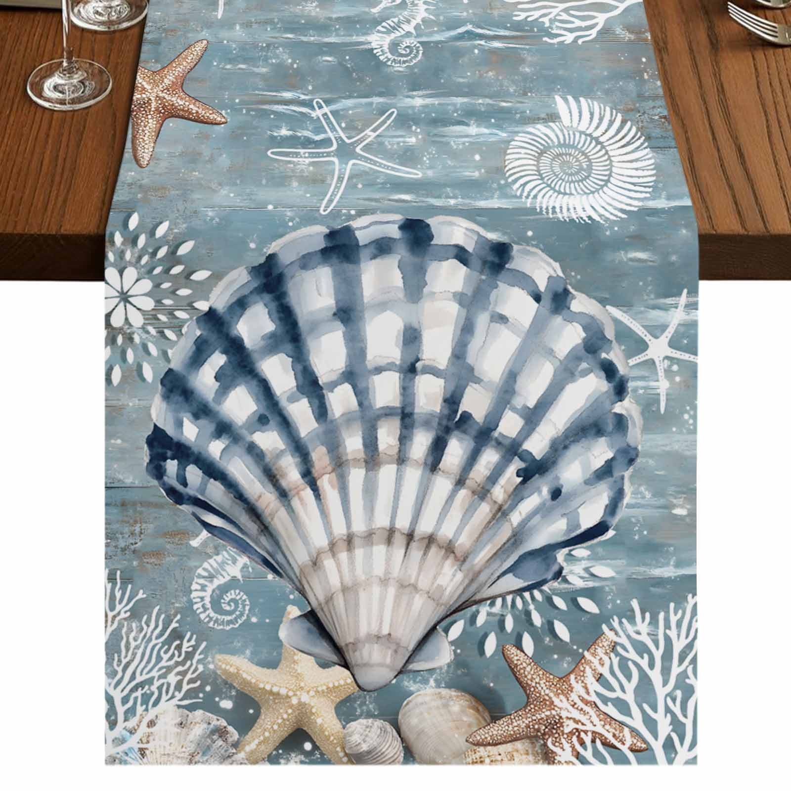 Shell Table Runner Blue Shell Coastal Table Runner 120 Inches Long,Summer Beach Nautical ...