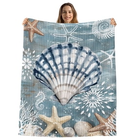 Blue Shell Coastal Throw Blanket, Flannel Fleece Blanket with Striped Design for Couch, Summer Beach Nautical Starfish Coral Soft Breathable All Season Plush Blankets for Sofa Office Chair 30"x40"