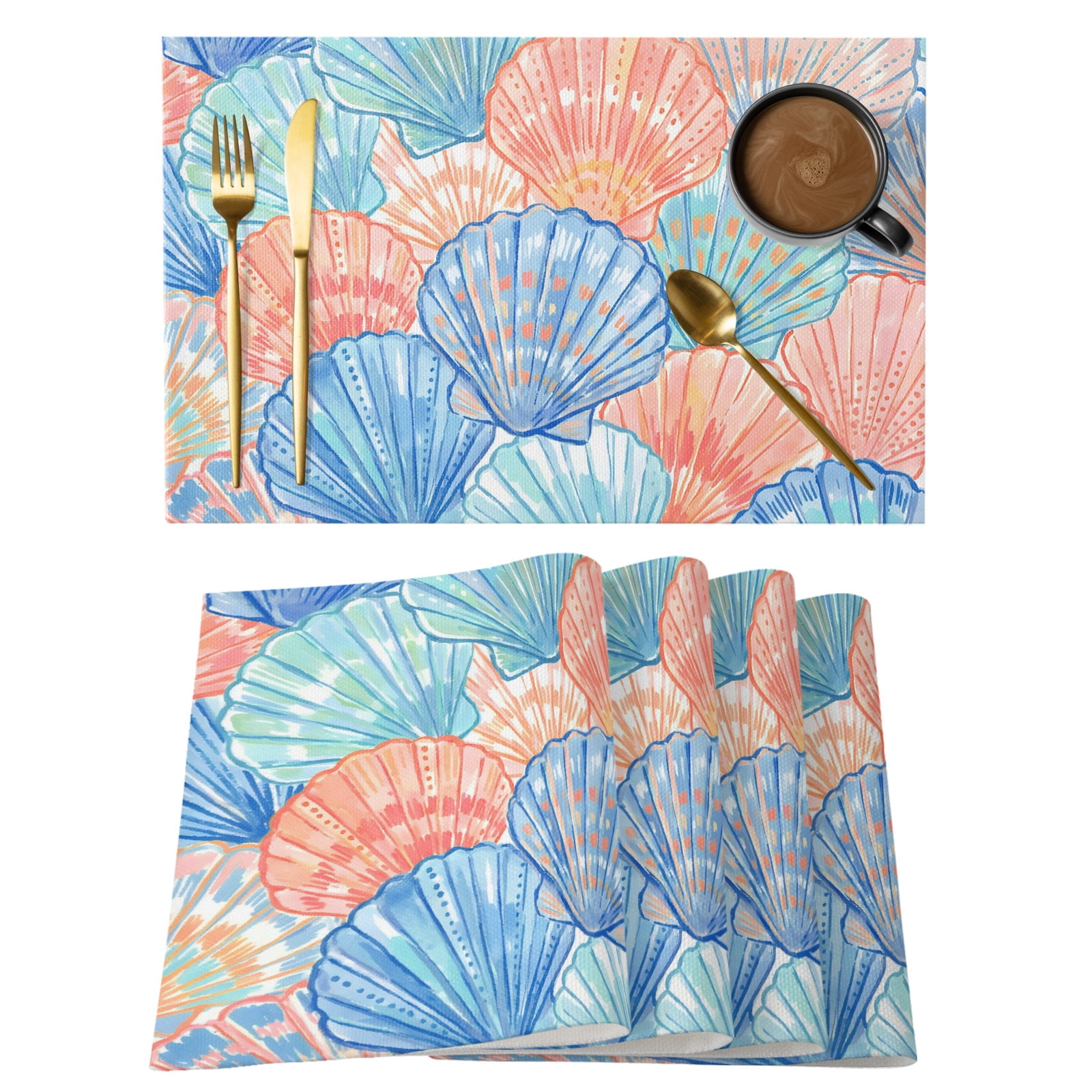 Blue Shell Cotton Linen Placemats Set of 8, Watercolor Pink Green Blue ...