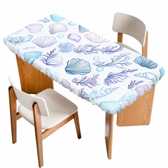 Blue Shell Fitted Rectangle Tablecloth 24" x 36" Conch Purple Coral Bubble Ocean Creature Elastic Table Cloth Fits for 3 Foot Folding Tables Waterproof Table Cover for Picnic Camping Outdoor