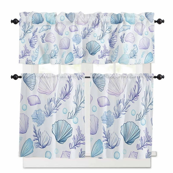 Blue Shell Kitchen Curtains and Valances Set, Conch Purple Coral Bubble Ocean Creature Rod Pocket Window Valance 18 Inch Window Curtain Panels for Living Room Bedroom Laundry, 27.5x36in, 3 Pieces