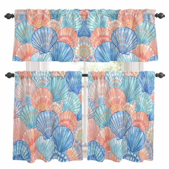 Blue Shell Kitchen Curtains Valances and Tiers Set of 3 Watercolor Pink ...