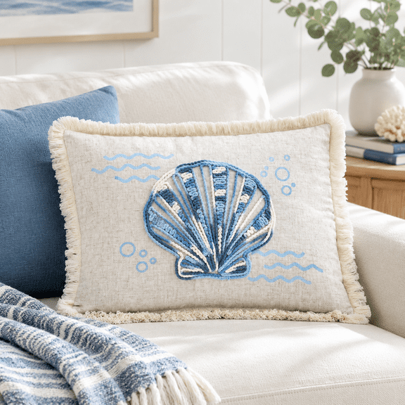 Blue Shell Scalloped Accent Pillow, 18 Inch Single Set With Removable Insert