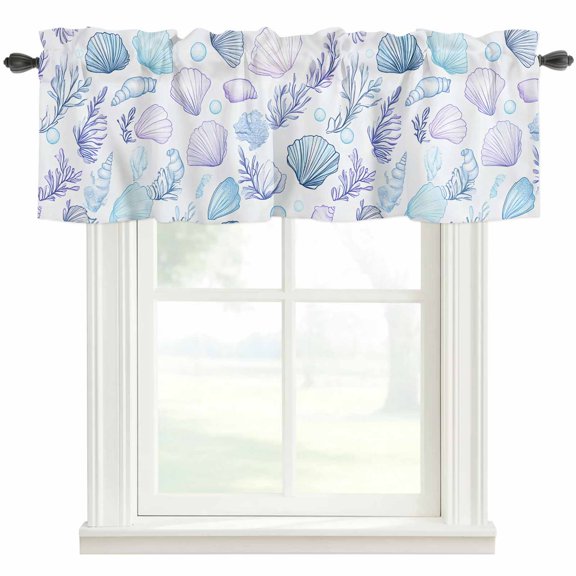 Blue Shell Seaweed Window Valance Curtain Ocean Bubble Rod Pocket Short Curtain for Living Room, Bedroom & Kitchen Window Decor 42x12in