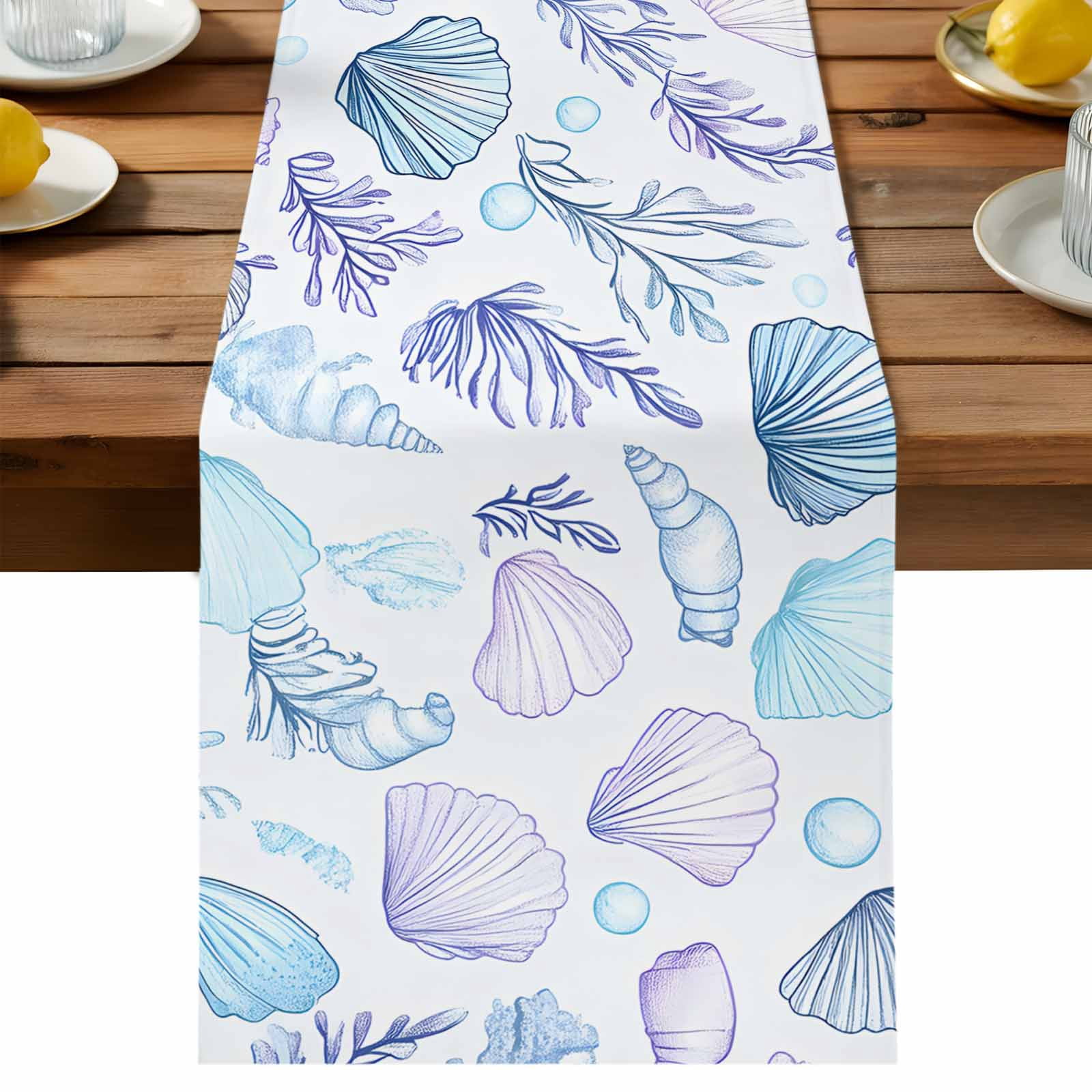Shell Table Runner Blue Shell Table Runner, Conch Purple Coral Bubble Ocean Creature ...