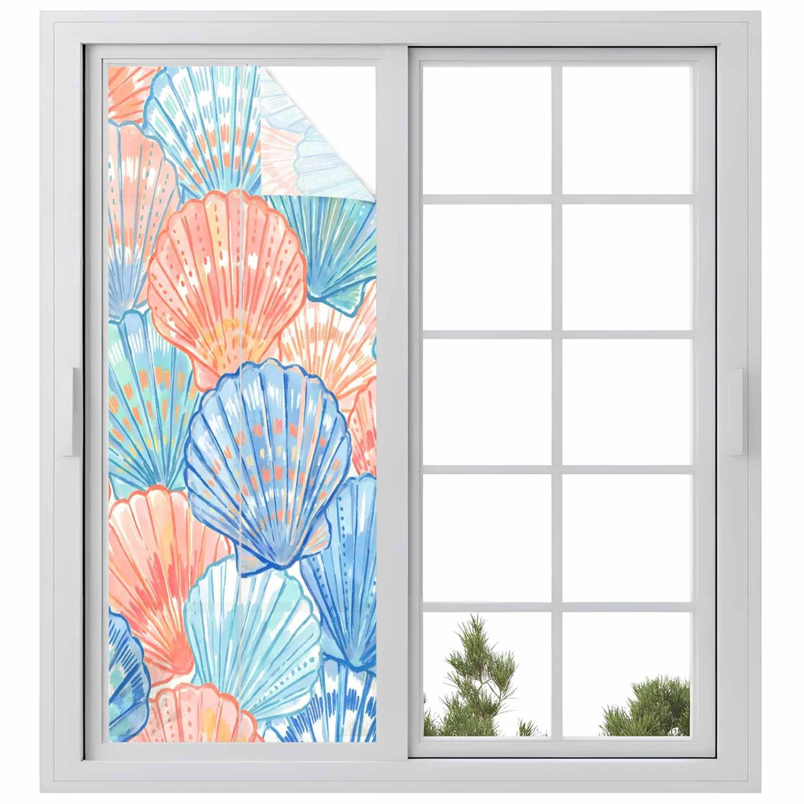 Blue Shell Window Privacy Film, Watercolor Pink Green Blue Shells ...