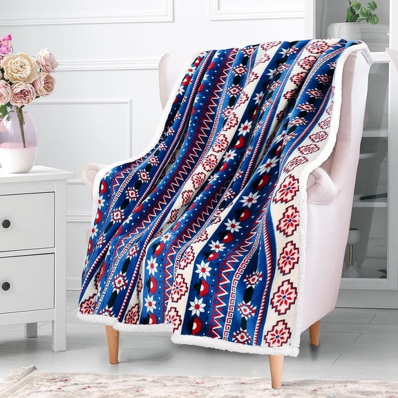 Blue Sherpa Throw Blanket, Super Soft Warm Cozy Reversible Fuzzy Fleece Snowflake Patterns Holiday Blanket 50" x 60" for Couch Sofa Bed, Home Decor, Lightweight