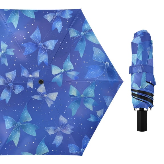 Blue Shining Bows All Weather Umbrella Triple Folding Parasol 6 Ribs UV Protection Portable