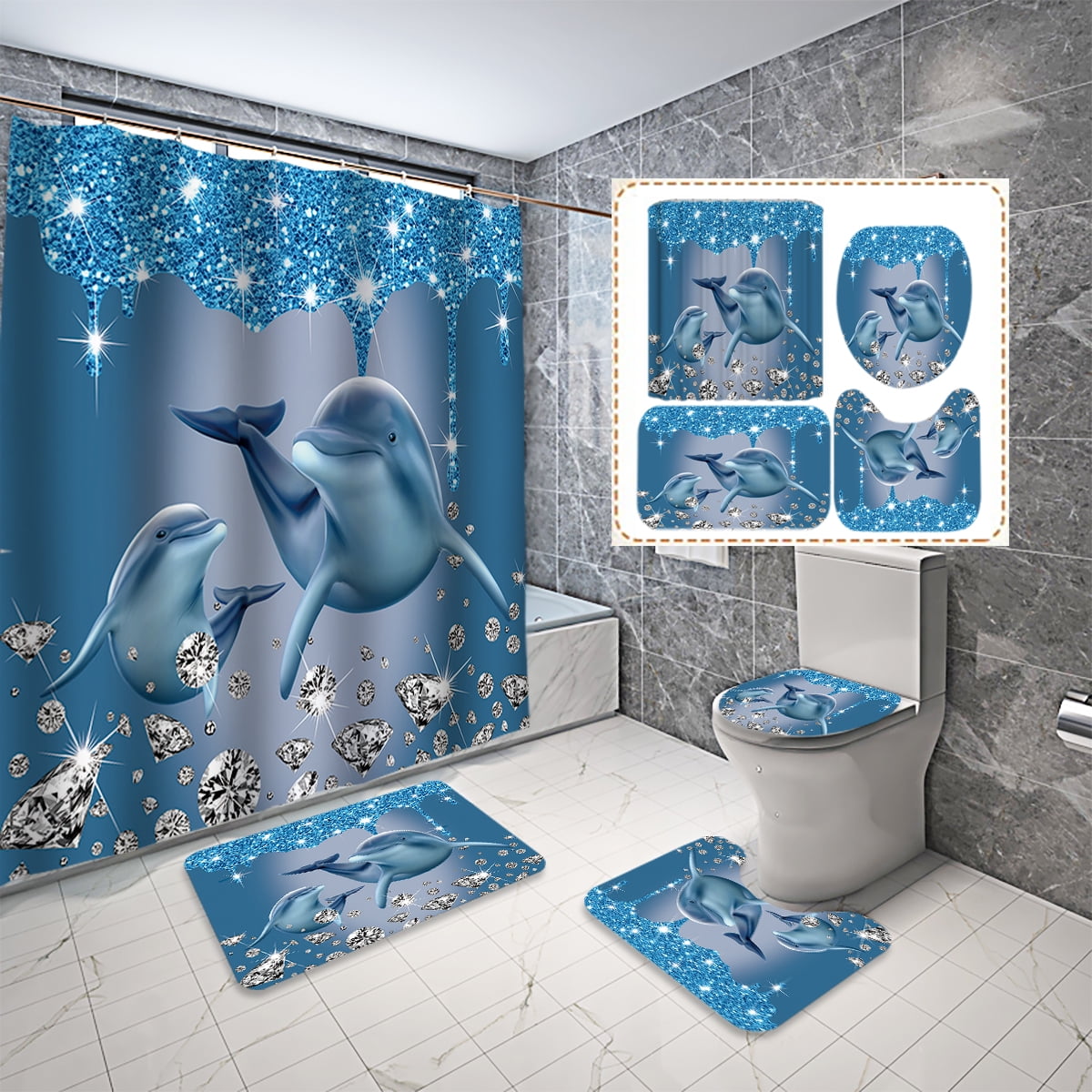 Blue Shiny Diamond Shower Curtains Set with Non-Slip Rugs,Toilet Lid Cover  and Bath Mat Ocean Dolphin 3D Printing Shower Curtain Bath Mat Bathroom ..., image size:1200x1200