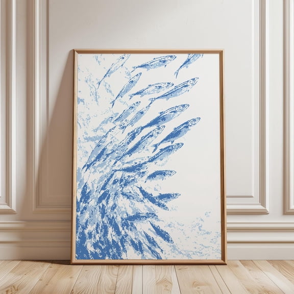 Blue Shoal Japanese Fish Sea Motif Wall Decor Unframed Paper Print