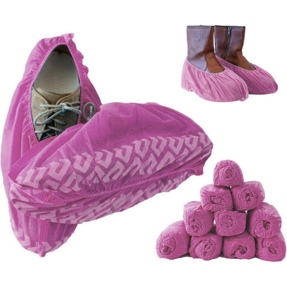 Premium Disposable Boot Shoe Covers Booties | 100 Pack | Durable, Non-Slip, Non-Toxic, Water Resistant, Recyclable Protectors for Indoor Outdoor | Large Size Fits Most Shoes (Pink)