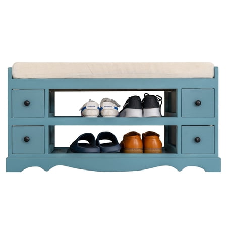 Blue Shoe Storage Bench with White Seating Cushion