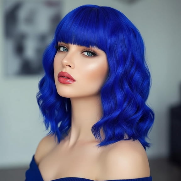 Blue Short Wavy Wigs with Bangs Royal Blue Curly Bob Wig Shoulder Length 14Inch Synthetic Hair Wig for Women Heat Resistant Synthetic Colorful Wigs for Daily Party Halloween Cosplay Use(517#Blue)