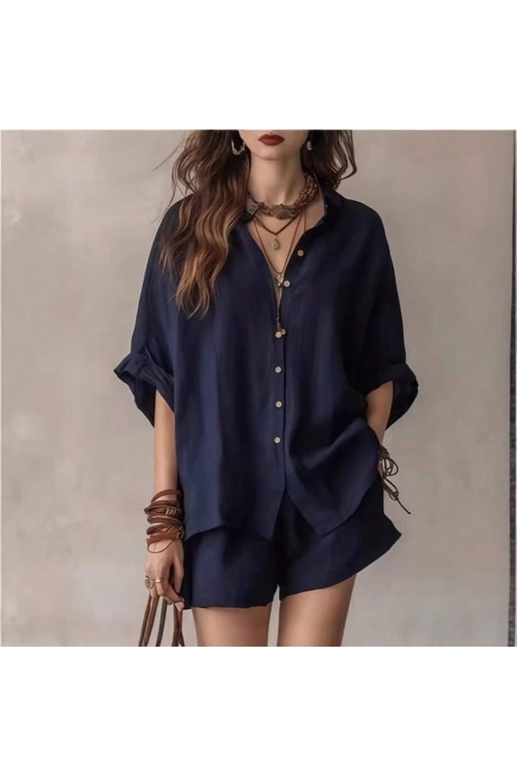 Blue Shorts Two-Piece Set, Loose Fit Casual Co-Ord
