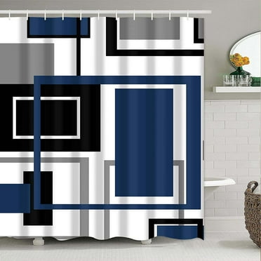 Blue Shower Curtain, 13pc Navy Geometric Waterproof Fabric Bathroom Curtain, 69"X70"