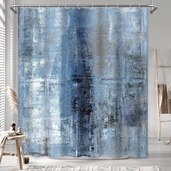 Blue Shower Curtain, Abstract Blue and Gray Shower Curtain, Vintage Country Grunge Style Paint Brush Graffiti Pattern Fabric Bathroom Decor Curtain