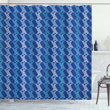 Blue Shower Curtain, Abstract Geometric Pattern with Modernistic Art Themed Triangles Design, Fabric Bathroom Set with Hooks, 69W X 84L Inches Extra Long, Royal Blue and Sky Blue, by Ambesonne