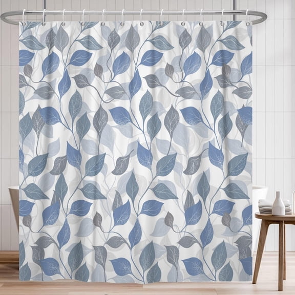 Blue Shower Curtain for Bathroom Plants Leaves Shower Curtain Set with Hooks Modern Grey Leaf Home Decor Waterproof Fabric Shower Curtains 72"W x 72"L (Pack of 1)