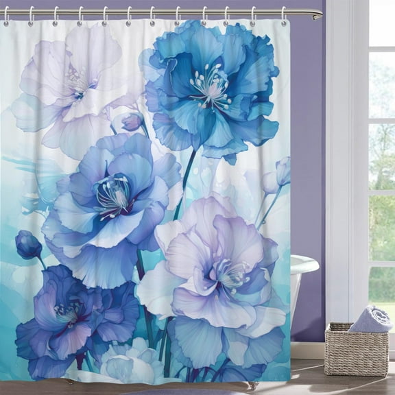 Blue Shower Curtain for Bathroom Rose Floral Shower Curtain Set with Hooks Pink Flowers Bathtub Decor Waterproof Fabric Curtains-72"W x 72"L (Pack of 1)