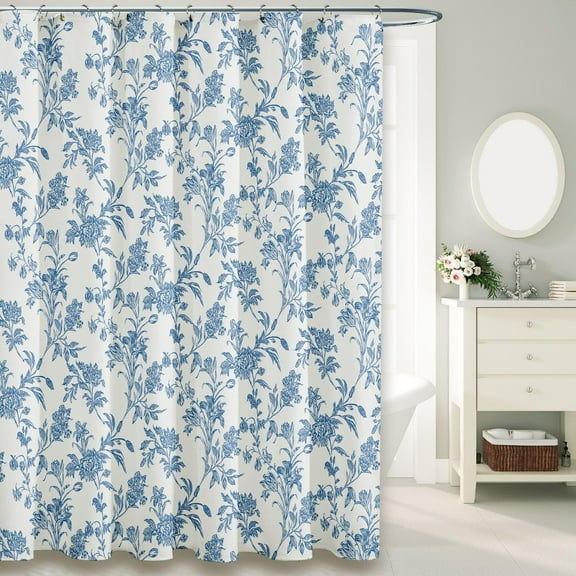 Blue Shower Curtain Floral Cotton Linen Cottagecore Shower Curtain for Bathroom 72" W x 72" L