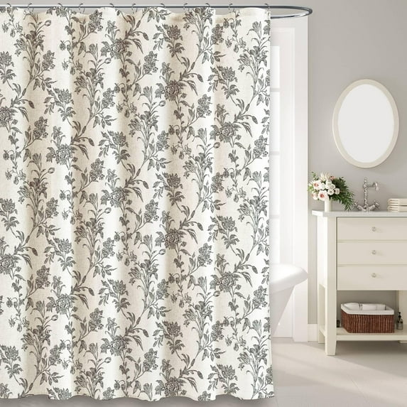 Blue Shower Curtain Floral Cotton Linen Cottagecore Shower Curtain for Bathroom 72" W x 72" L