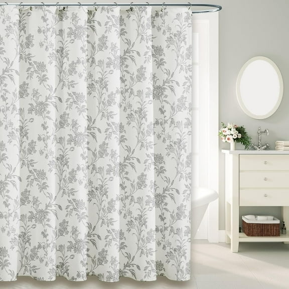 Blue Shower Curtain Floral Cotton Linen Cottagecore Shower Curtain for Bathroom 72" W x 72" L