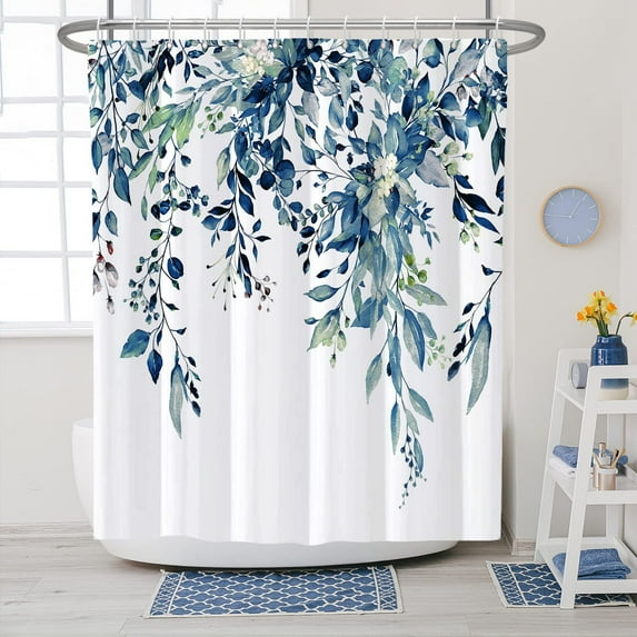 Blue Shower Curtain, Floral Eucalyptus Shower Curtain, Watercolor Leaves on The Top Plant Shower Curtains - Fabric Shower Curtain Set Natural Shower Curtains Bathroom Decor 72x72