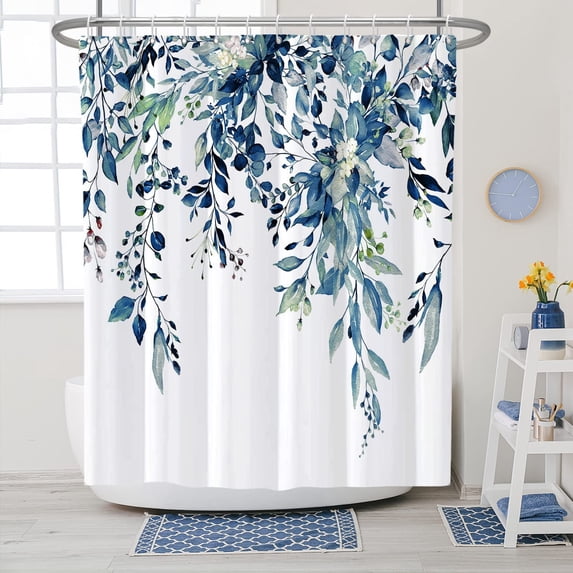 Blue Shower Curtain, Floral Eucalyptus Shower Curtain, Watercolor Leaves on The Top Plant Shower Curtains - Fabric Shower Curtain Set Natural Shower Curtains Bathroom Decor 72x72