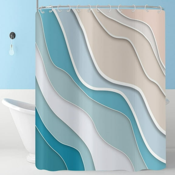 Blue Shower Curtain, Light Blue White Brown Ombre Aqua Beach Waves Abstract Ocean Bathroom Curtain Home Decor Waterproof Fabric Machine Washable with 12 PCS Hooks,72" Wx84 L