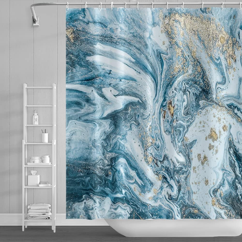 Blue Shower Curtain, Marble Shower Curtain for Bathroom Stall RV Watercolor Abstract Waterproof Fabric Shower Curtain Set with Hooks 72x84 inches