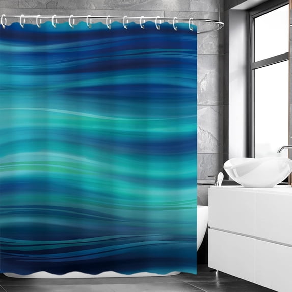 Blue Shower Curtain, Marble Shower Curtains, Abstract Shower Curtains Set with 12 Hooks, Teal Shower Curtain, Navy Blue Ombre Striped Bathroom Curtain, 72Wx72H
