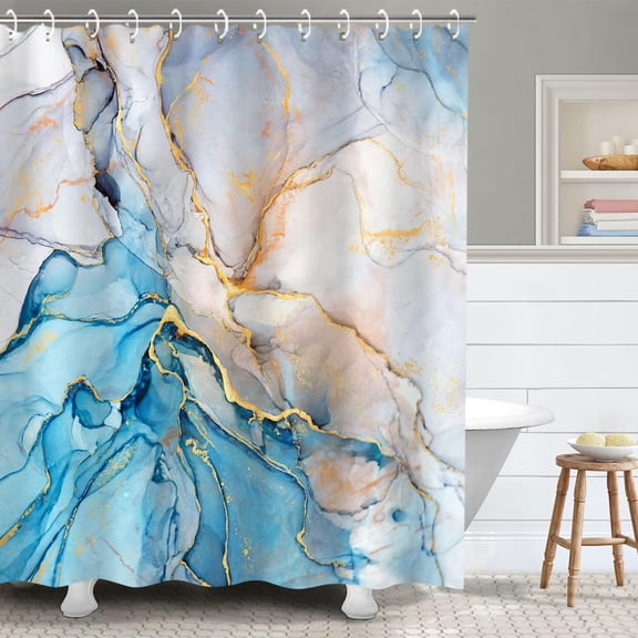 Blue Shower Curtain, Marble Shower Curtains Set with 12 Hooks, Watercolor Blue Gold White Shower Curtains, Cool Abstract Marble Bathroom Decor, 72"x72"