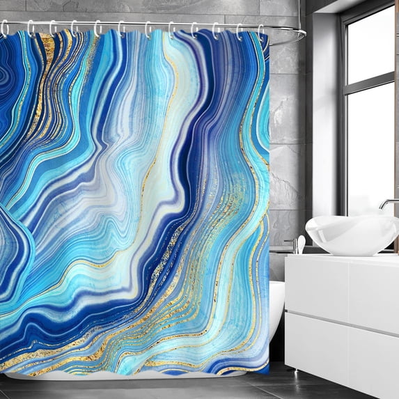 Blue Shower Curtain, Marble Shower Curtains Set with 12 Hooks, Waterproof Abstract Shower Curtain, Decor Ombre Blue Marble Bathroom Curtain, 72" Wx72 H